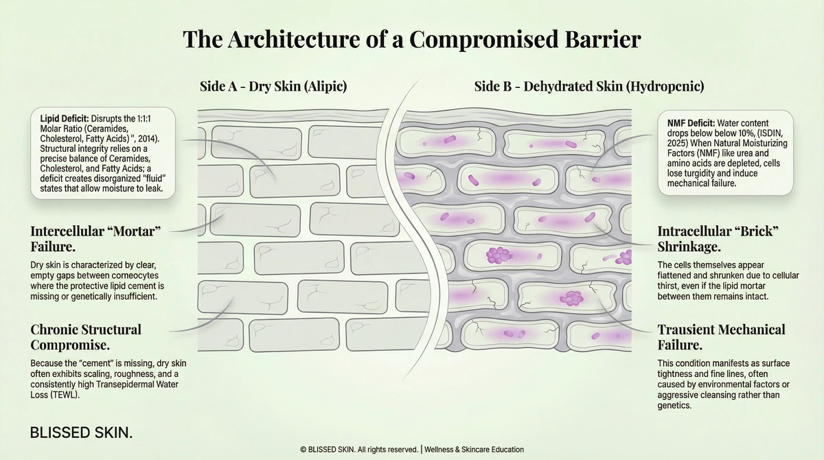 Medical diagram cross-section comparing dry skin lipid gaps with dehydrated skin intracellular water loss